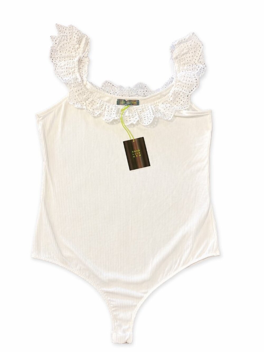 Good Luck Gem White Lace Trim Ribbed Bodysuit Size L NWT - Picture 2 of 3